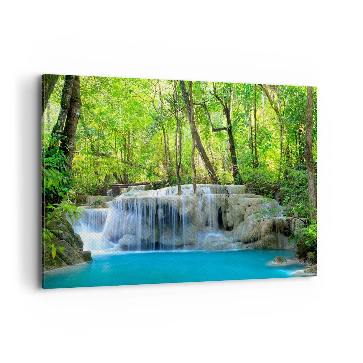 Bild auf Leinwand - Leinwandbild - Ein Wasserfall zwischen grünen Bäumen mit blauem Wasser in einer natürlichen Umgebung - 120x80cm - In Türkis und Grün ertrinken - Moderne Wanddekoration für Wohnzimmer und Schlafzimmer ARTTOR