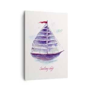 Bild auf Leinwand - Leinwandbild - Ein Aquarell eines Segelboots auf dem Wasser mit einer zarten Inschrift - 70x100cm - Volle Segel und ruhiges Wasser - Moderne Wanddekoration für Wohnzimmer und Schlafzimmer ARTTOR