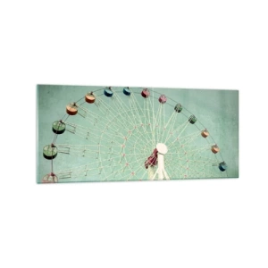 Glasbild - Bild auf glas - Ein buntes Riesenrad vor blauem Himmel im Retro-Stil - 120x50cm - Wir laden zum Spiel ein - Moderne Wanddekoration für Wohnzimmer und Schlafzimmer ARTTOR