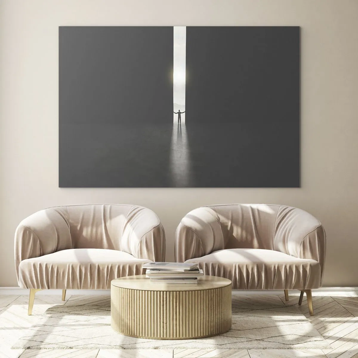 Glasbild - Bild auf glas - Silhouette eines Mannes, der eine Tür zu einem hellen Licht öffnet - 100x70cm - Ein Schritt in eine strahlende Zukunft - Moderne Wanddekoration für Wohnzimmer und Schlafzimmer ARTTOR