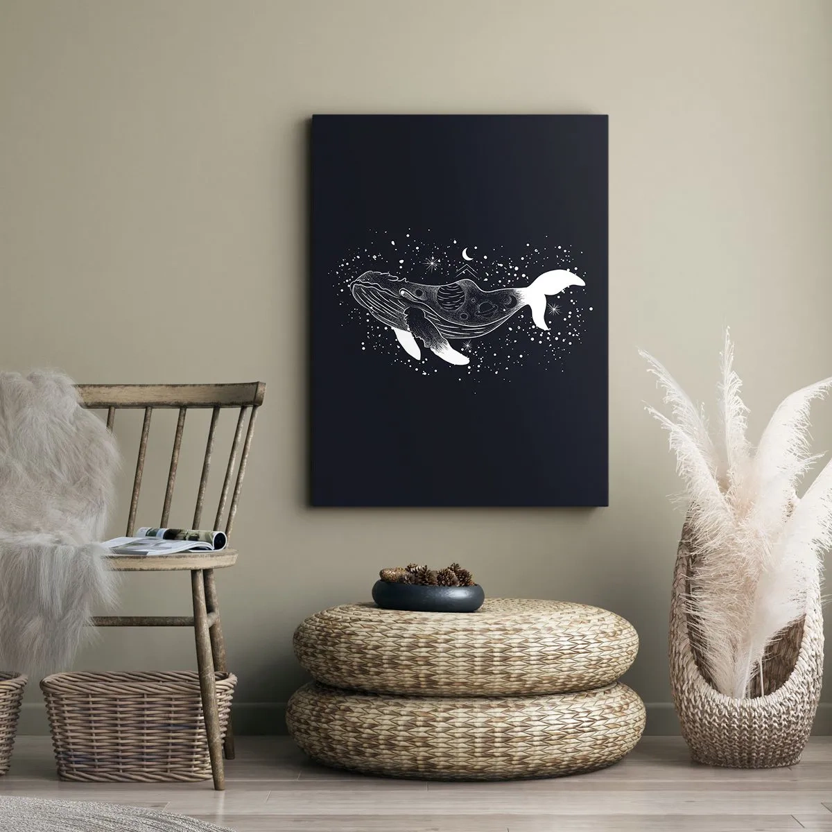 Bild auf Leinwand - Leinwandbild - Eine grafische Illustration eines Wals im Space-Age-Stil. - 50x70cm - Im Ozean des Universums - Moderne Wanddekoration für Wohnzimmer und Schlafzimmer ARTTOR