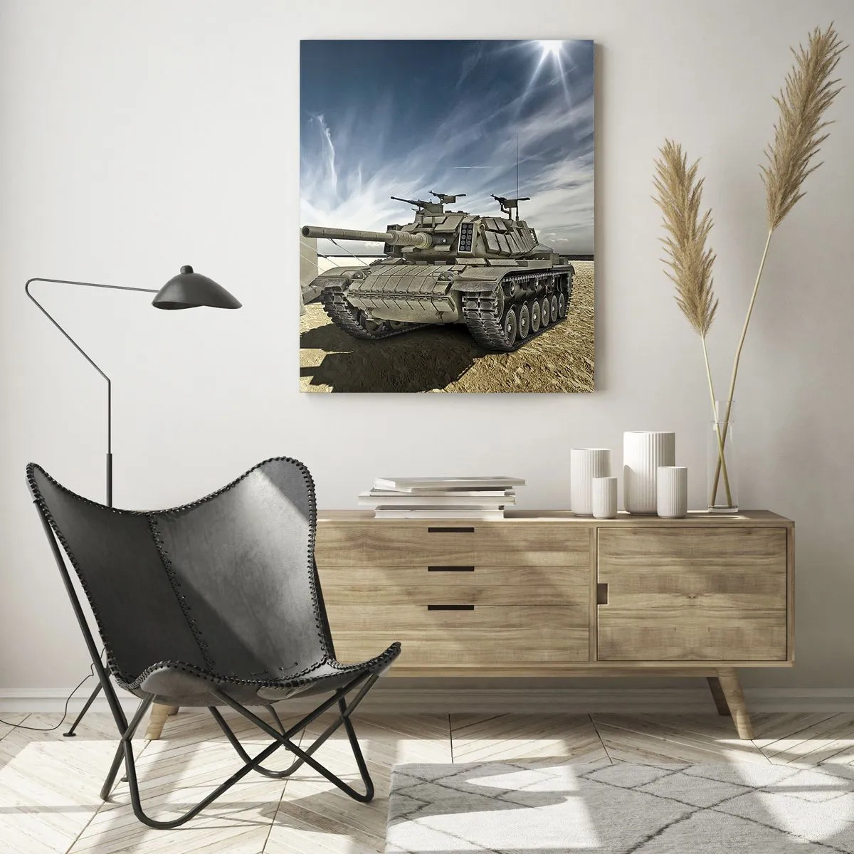 Glasbild - Bild auf glas - Ein Panzer und ein Zelt vor einem Wüstenhintergrund unter blauem Himmel - 50x70cm - Ein militärischer Traum - Moderne Wanddekoration für Wohnzimmer und Schlafzimmer ARTTOR