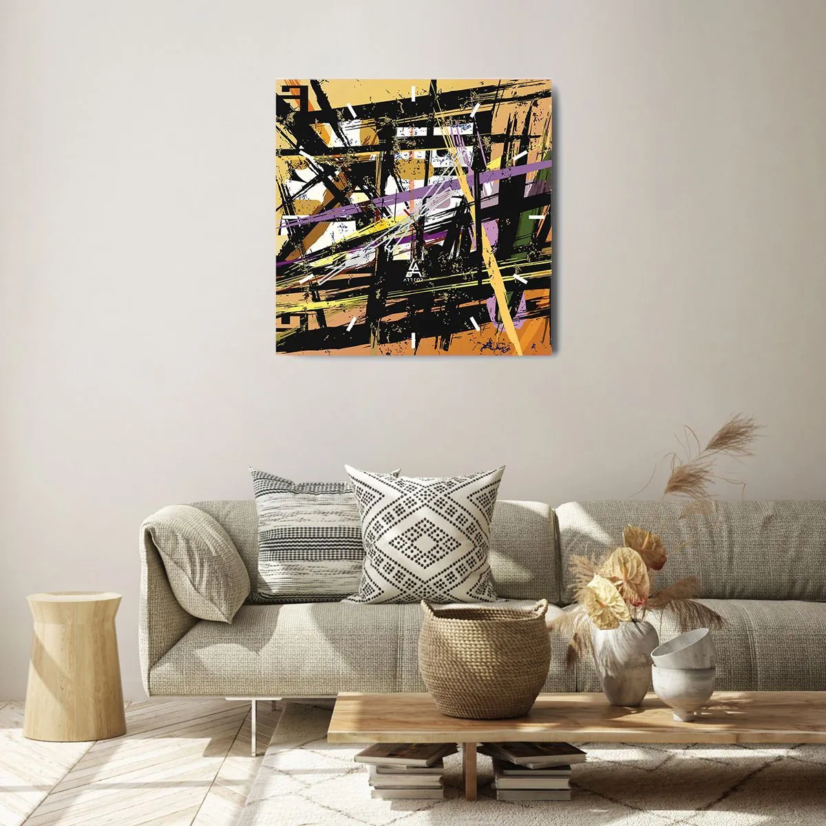 Wanduhr - Glasuhr - Abstrakte Linien und Formen auf beigem Hintergrund - 30x30cm - Ein scharfer Schnitt - Moderne Wanddekoration für Wohnzimmer und Schlafzimmer ARTTOR