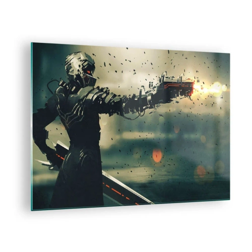 Glasbild - Bild auf glas - Ein Cyberkrieger im futuristischen Stil mit Energiewaffen - 70x50cm - Tödliche Waffe - Dein ganz eigener Terminator - Moderne Wanddekoration für Wohnzimmer und Schlafzimmer ARTTOR