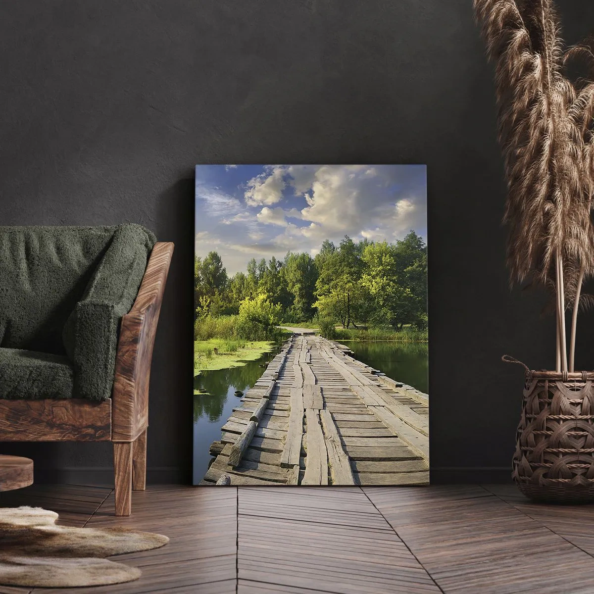 Bild auf Leinwand - Leinwandbild - Eine malerische Landschaft mit einer Brücke und einem Schwan - 70x100cm - Sommer, Sommer überall - Moderne Wanddekoration für Wohnzimmer und Schlafzimmer ARTTOR