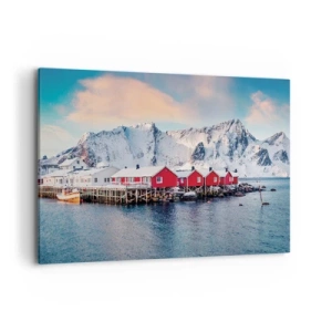 Bild auf Leinwand - Leinwandbild - Rote Häuser vor dem Hintergrund schneebedeckter Berge und des blauen Meeres - 120x80cm - Nördlicher Rückzug - Moderne Wanddekoration für Wohnzimmer und Schlafzimmer ARTTOR