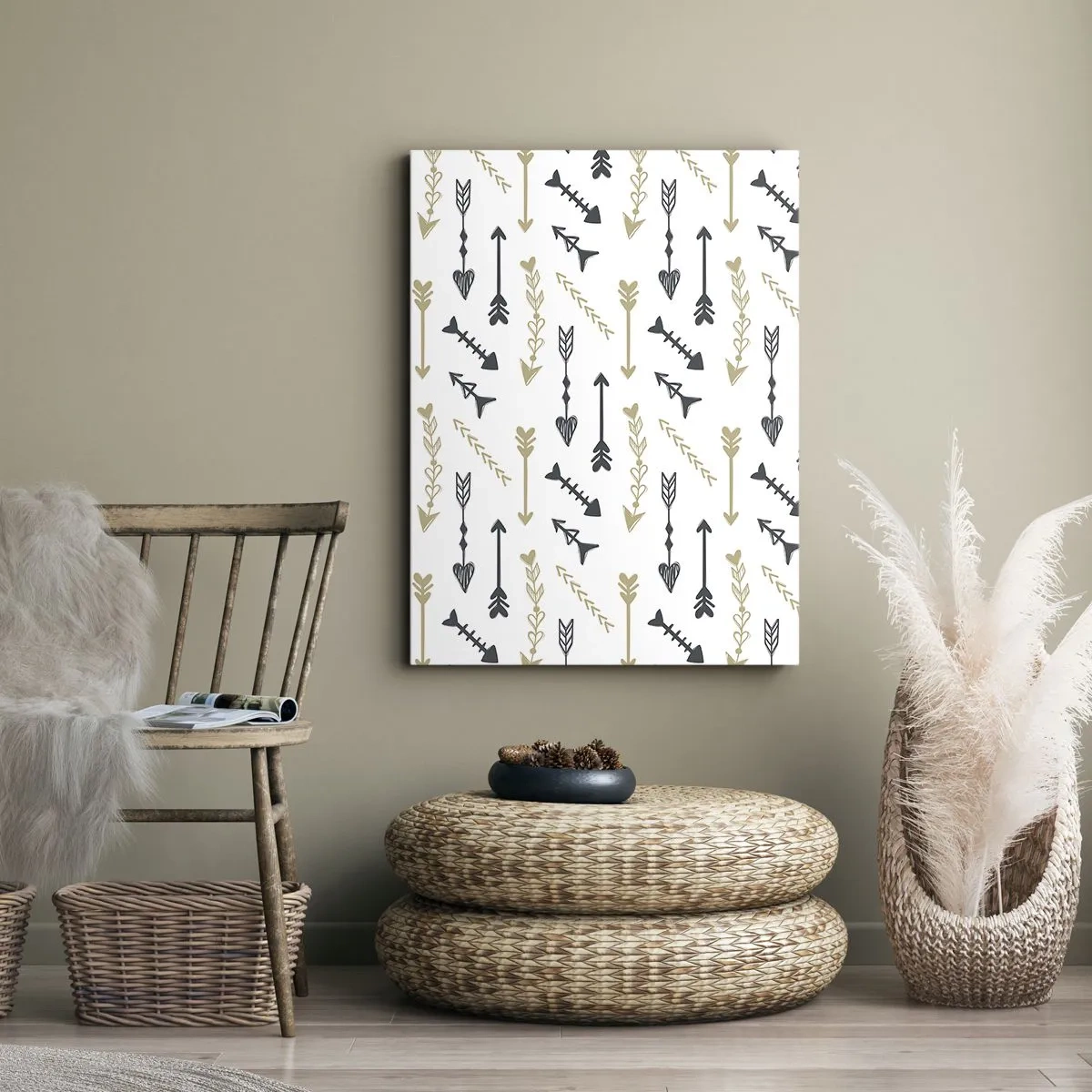 Bild auf Leinwand - Leinwandbild - Ein minimalistisches Muster mit Pfeilen in Beige- und Grautönen. - 70x100cm - Der Traum des Bogenschützen - Moderne Wanddekoration für Wohnzimmer und Schlafzimmer ARTTOR