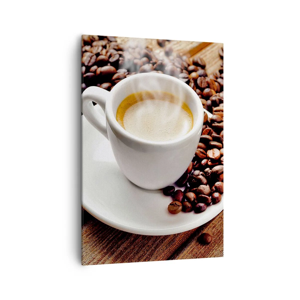 Bild auf Leinwand - Leinwandbild - Eine Tasse aromatischen Kaffee vor dem Hintergrund von Bohnen und einem Blatt - 70x100cm - Kaffee auf der Bank - Moderne Wanddekoration für Wohnzimmer und Schlafzimmer ARTTOR
