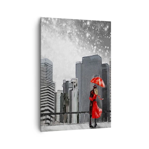 Bild auf Leinwand - Leinwandbild - Ein Paar in Rot mit einem Regenschirm vor dem Hintergrund einer Stadtlandschaft - 70x100cm - Der Mensch ist kein Stein - Moderne Wanddekoration für Wohnzimmer und Schlafzimmer ARTTOR