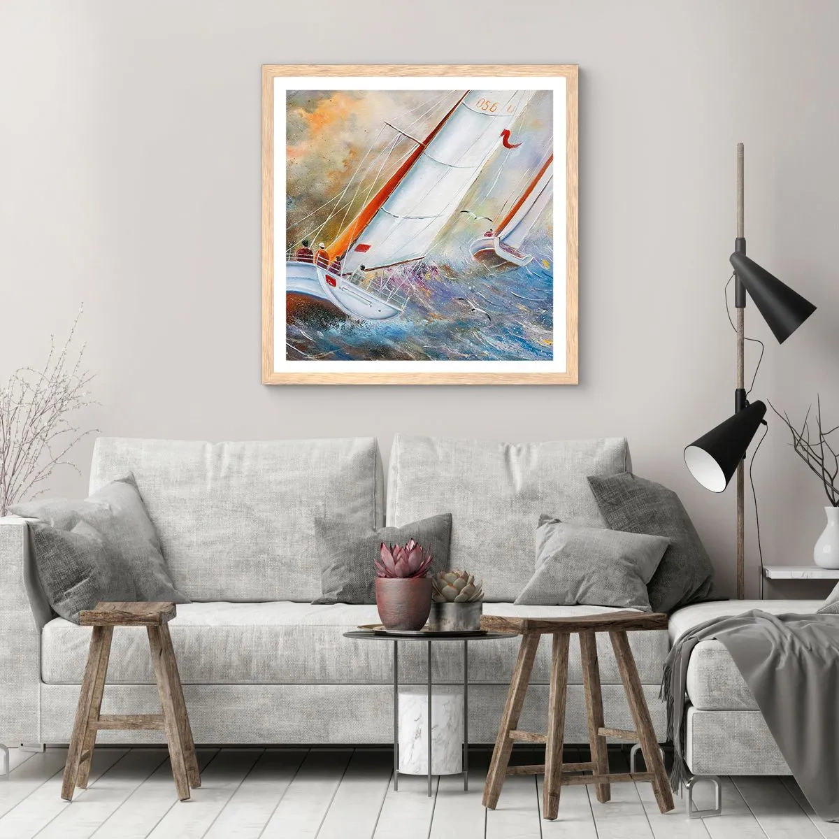 Poster in einem Rahmen aus heller Eiche - Durch die Wellen laufend - 30x30 cm