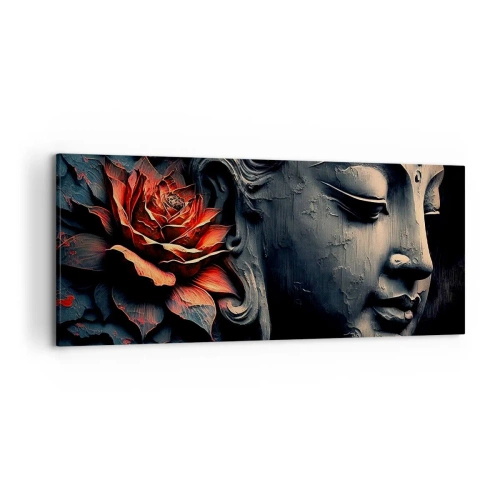 Bild auf Leinwand - Leinwandbild - Buddha-Skulptur mit einer roten Lotusblüte - 120x50cm - Im Einklang mit der Welt - Moderne Wanddekoration für Wohnzimmer und Schlafzimmer ARTTOR