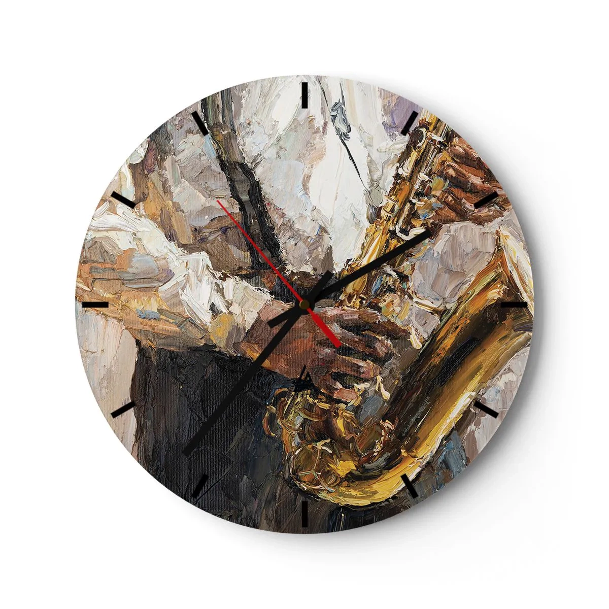 Wanduhr - Glasuhr - Ein künstlerisches Gemälde, das einen Saxophon spielenden Musiker zeigt - 30x30cm - Zeit fürs Solo - Moderne Wanddekoration für Wohnzimmer, Küche und Schlafzimmer ARTTOR