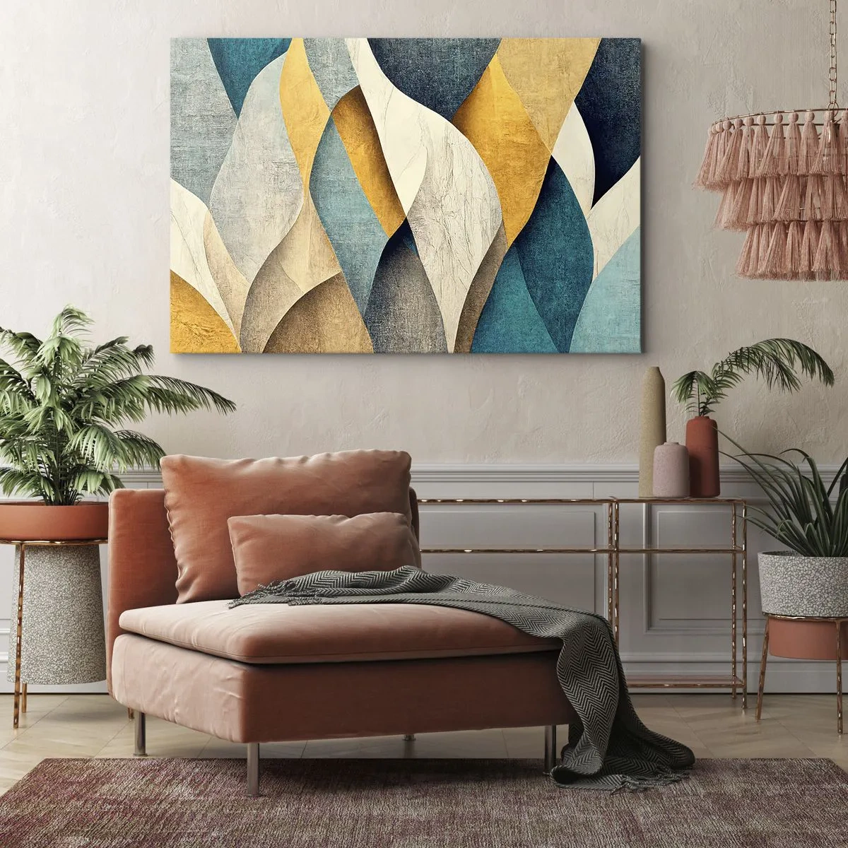 Bild auf Leinwand - Leinwandbild - Abstrakte Wellen in Blau- und Goldtönen - 100x70cm - Rhythmus und Welle - Moderne Wanddekoration für Wohnzimmer und Schlafzimmer ARTTOR