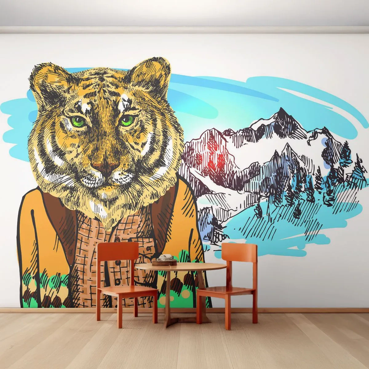 Fototapete Premium Sand - Nicht so wild, wie sie ihn zeichnen - Abstraktion, Tiger, Berge - 100x70 cm