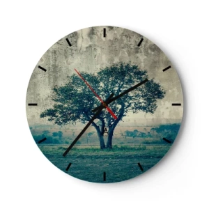 Wanduhr - Glasuhr - Ein einsamer Baum vor einer blauen Landschaft - 30x30cm - Ein Apfelbaum auf blauem Feld? - Moderne Wanddekoration für Wohnzimmer, Küche und Schlafzimmer ARTTOR