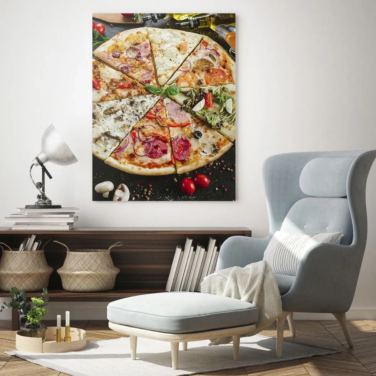 Glasbild - Bild auf glas - Pizza in verschiedenen Geschmacksrichtungen mit Belag auf dunklem Hintergrund - 50x70cm - Eine Reihe von Geschmacksrichtungen - Moderne Wanddekoration für Wohnzimmer und Schlafzimmer ARTTOR