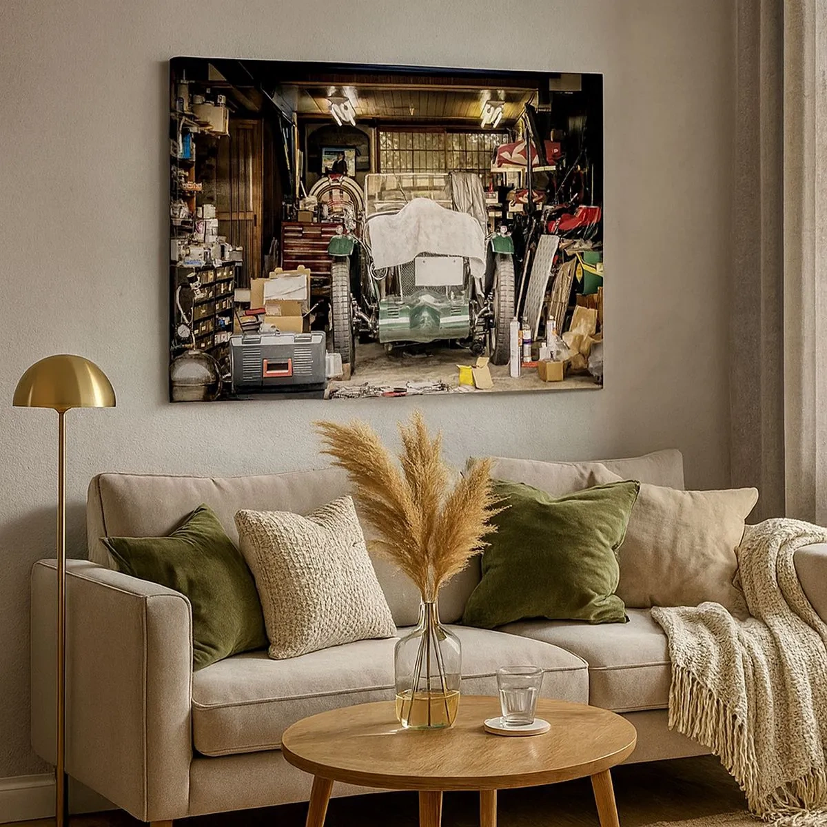 Bild auf Leinwand - Leinwandbild - Ein altes Auto in einer Garage, umgeben von Werkzeugen und Geräten - 70x50cm - Zurück in die Vergangenheit - Moderne Wanddekoration für Wohnzimmer und Schlafzimmer ARTTOR
