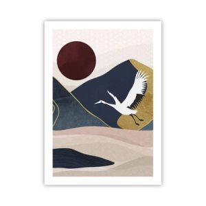 Poster - Minimalistische Grafik mit Kranich und Berglandschaft - 50x70cm - Es ist wieder ein Tag VERFLOGEN - Moderne Wanddekoration für Wohnzimmer und Schlafzimmer ARTTOR