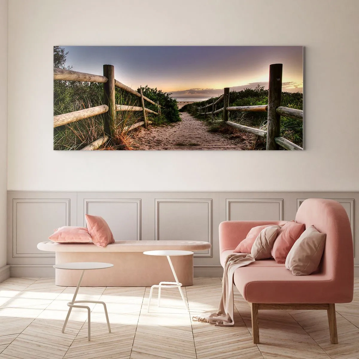 Glasbild - Bild auf glas - Holzweg in den Dünen, der bei Sonnenuntergang zum Strand führt - 140x50cm - Das Ziel ist bereits sichtbar - Moderne Wanddekoration für Wohnzimmer und Schlafzimmer ARTTOR