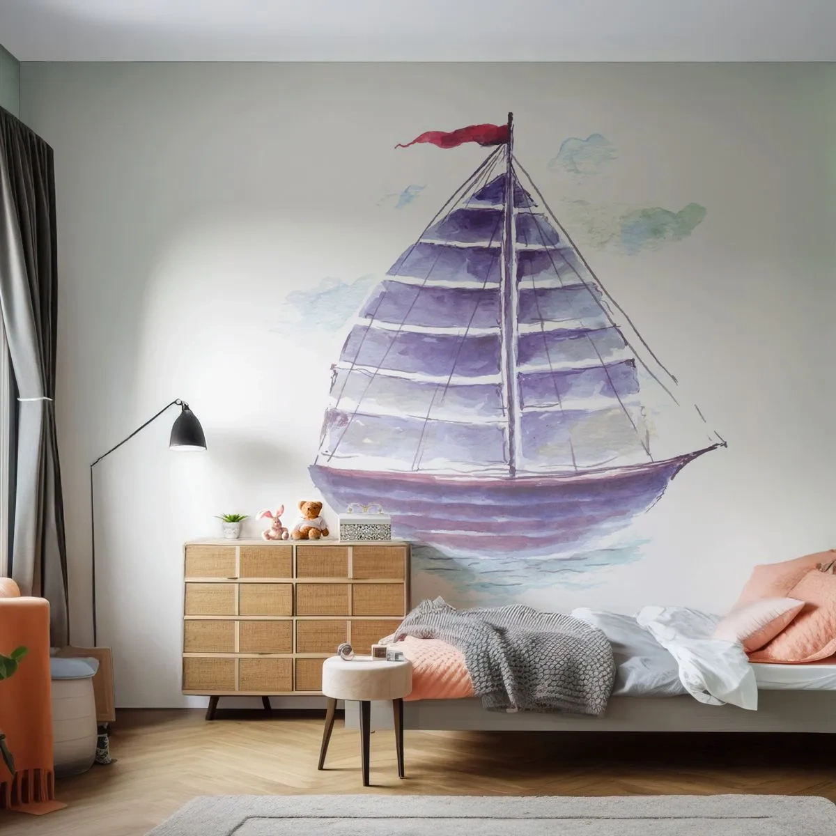 Selbstklebende Fototapete Deluxe Sticker - Volle Segel und ruhiges Wasser - Segelboot, Strand, Meer - 250x175 cm
