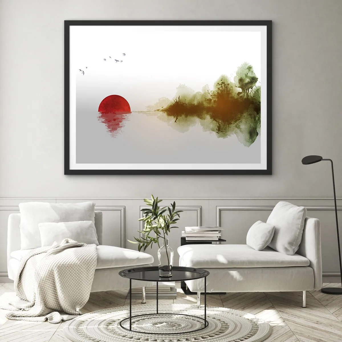 Poster in einem schwarzem Rahmen - Abstrakter Sonnenuntergang über einem See mit Reflexion - 100x70cm - Versprechen der Ruhe - Moderne Wanddekoration für Wohnzimmer und Schlafzimmer ARTTOR