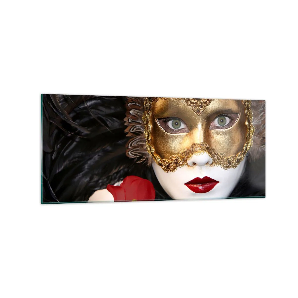 Glasbild - Bild auf glas - Goldene venezianische Maske mit Federn und einer roten Rose, geheimnisvolles Motiv. - 120x50cm - Denn das Leben ist ein großer Ball - Moderne Wanddekoration für Wohnzimmer und Schlafzimmer ARTTOR