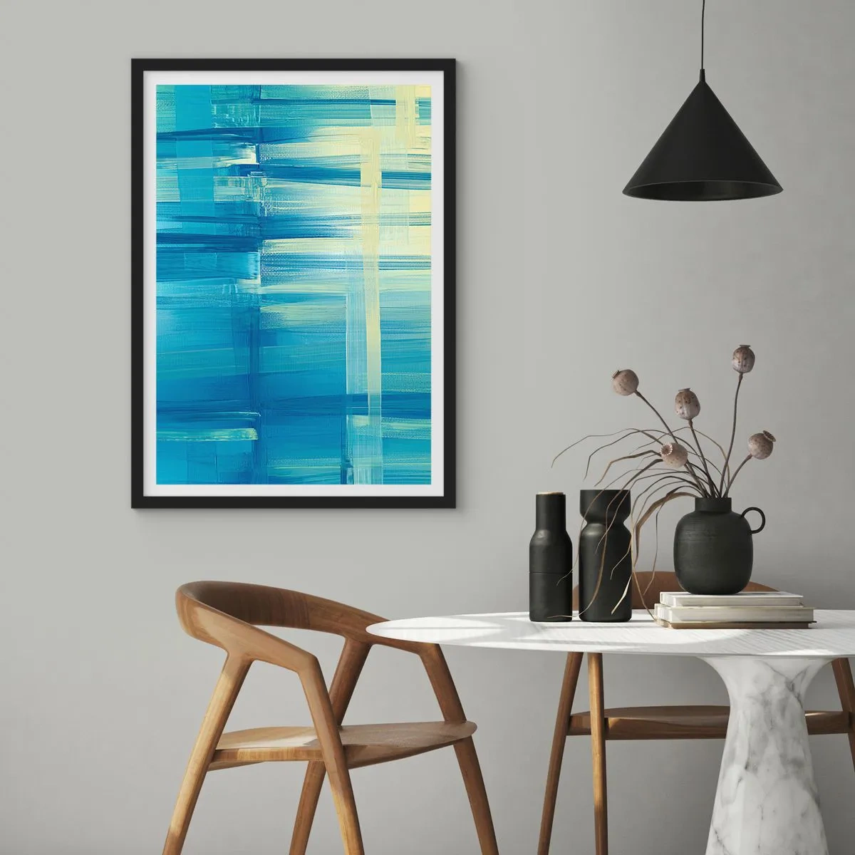 Poster in einem schwarzem Rahmen - Abstrakte Komposition in Blau- und Gelbtönen - 50x70cm - Komposition in Türkis - Moderne Wanddekoration für Wohnzimmer und Schlafzimmer ARTTOR