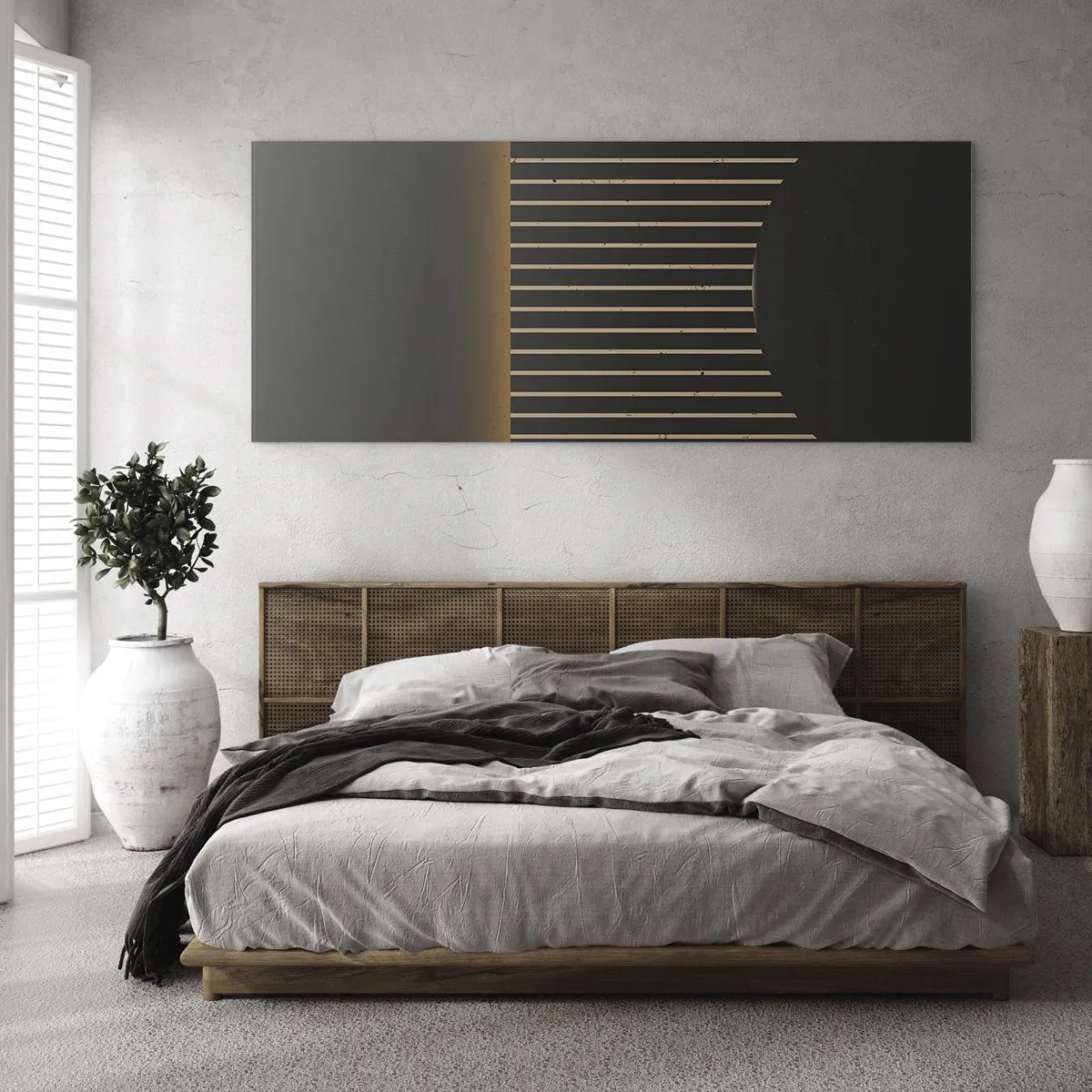 Glasbild - Bild auf glas - Geometrisches Muster mit Streifen auf dunklem Hintergrund - 140x50cm - Die Dunkelheit erkunden - Moderne Wanddekoration für Wohnzimmer und Schlafzimmer ARTTOR