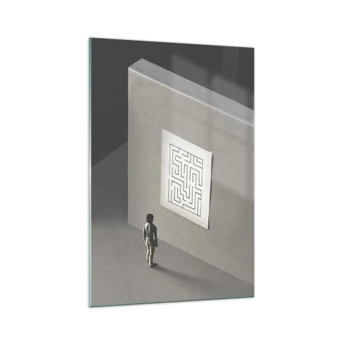 Glasbild - Bild auf glas - Eine Figur in einem Labyrinth, die auf eine hängende Karte schaut - 70x100cm - Aber wo bin ich? - Moderne Wanddekoration für Wohnzimmer und Schlafzimmer ARTTOR