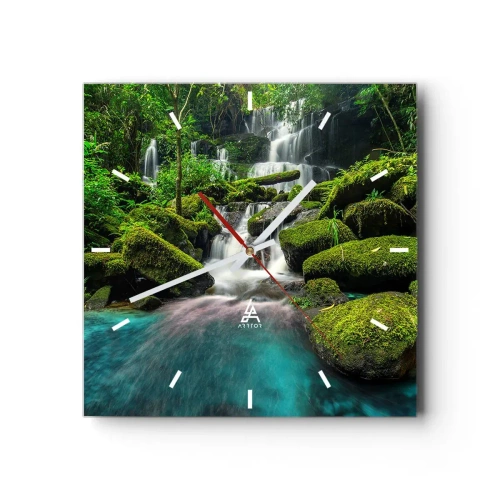 Wanduhr - Glasuhr - Ein tropischer Wasserfall, umgeben von Grün und türkisfarbenem Wasser - 30x30cm - Türkis, Saphire und flüssiges Silber - Moderne Wanddekoration für Wohnzimmer und Schlafzimmer ARTTOR