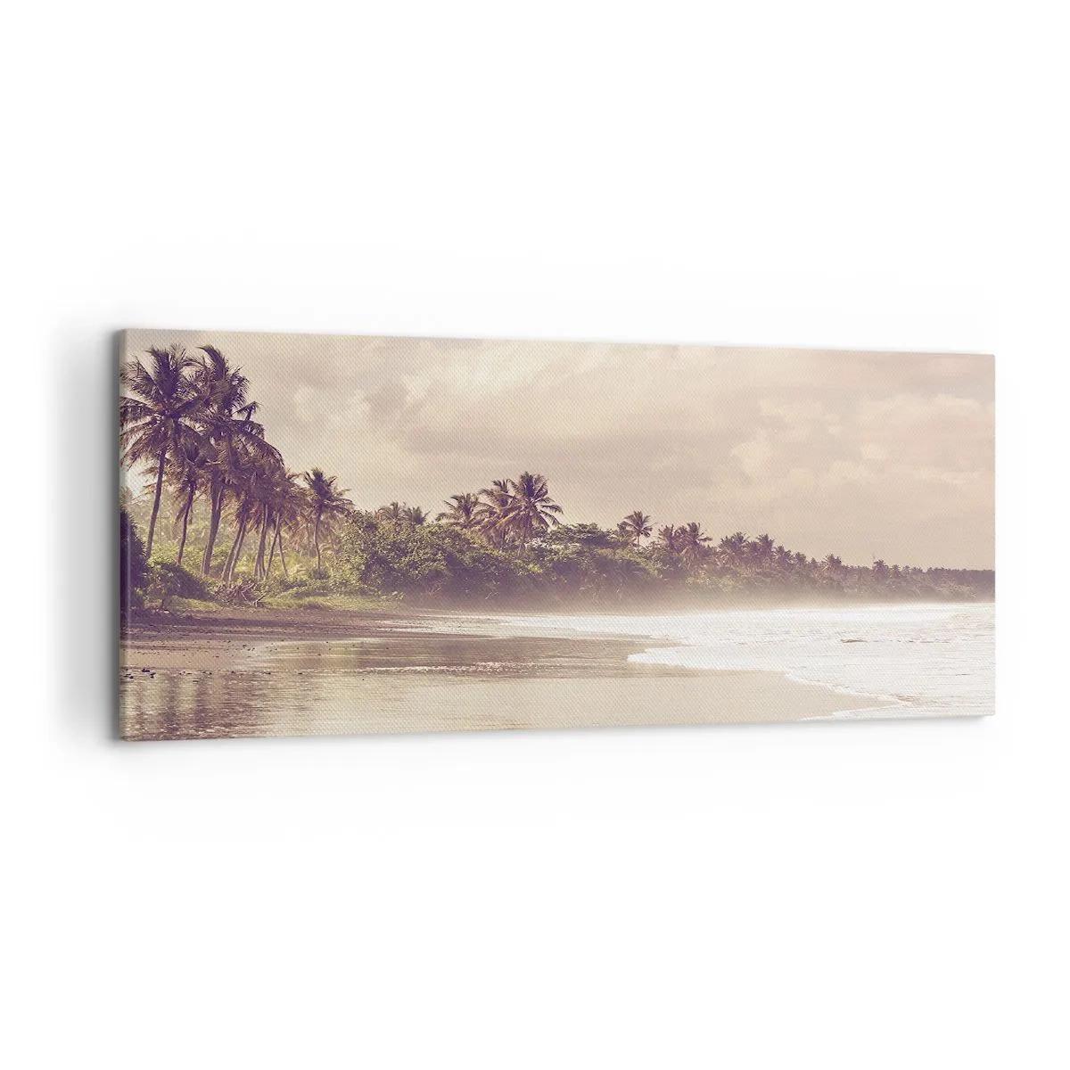 Bild auf Leinwand - Leinwandbild - Ein Strand mit Palmen und sanften Wellen am Morgen - 120x50cm - Die Liebkosung der Wellen - Moderne Wanddekoration für Wohnzimmer und Schlafzimmer ARTTOR