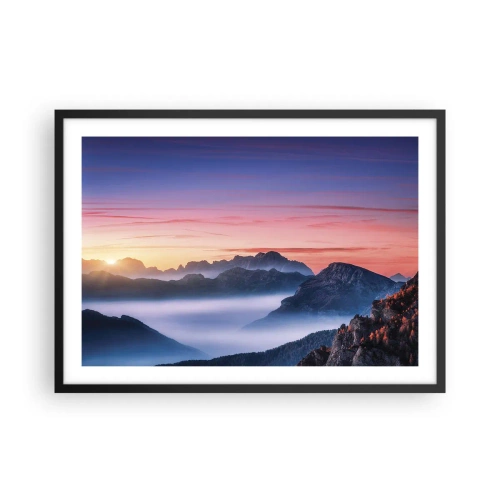 Poster in einem schwarzem Rahmen - Berglandschaft bei Sonnenaufgang mit Nebel in den Tälern - 70x50cm - Über die Täler - Moderne Wanddekoration für Wohnzimmer und Schlafzimmer ARTTOR