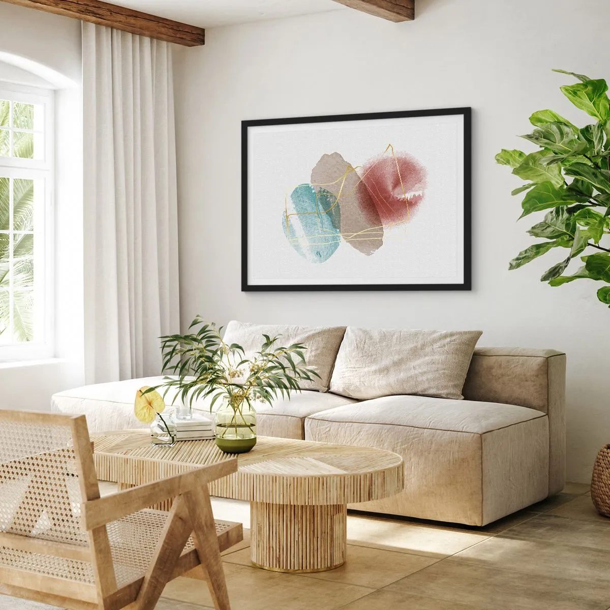 Poster in einem schwarzem Rahmen - Abstrakte Formen mit zarten Farben und goldenen Linien - 100x70cm - Korallen des Weltraums - Moderne Wanddekoration für Wohnzimmer und Schlafzimmer ARTTOR