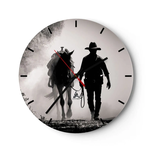 Wanduhr - Glasuhr - Ein Cowboy führt sein Pferd im Morgennebel - 30x30cm - Texas-Morgen - Moderne Wanddekoration für Wohnzimmer, Küche und Schlafzimmer ARTTOR