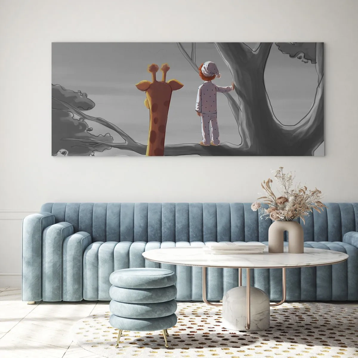 Glasbild - Bild auf glas - Ein Kind und eine Giraffe auf einem Ast in einer Märchenlandschaft - 120x50cm - Das passiert wirklich - Moderne Wanddekoration für Wohnzimmer und Schlafzimmer ARTTOR