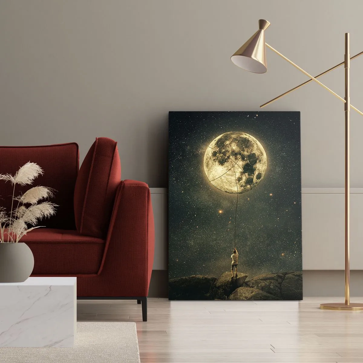 Bild auf Leinwand - Leinwandbild - Mann mit dem Mond vor dem Sternenhimmel - 50x70cm - Der Mann, der den Mond gestohlen hat - Moderne Wanddekoration für Wohnzimmer und Schlafzimmer ARTTOR