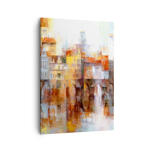 Bild auf Leinwand - Leinwandbild - Ein malerisches Panorama der Stadt mit einer Brücke in Herbstfarben - 50x70cm - Schön ist es auch unter der Brücke - Moderne Wanddekoration für Wohnzimmer und Schlafzimmer ARTTOR