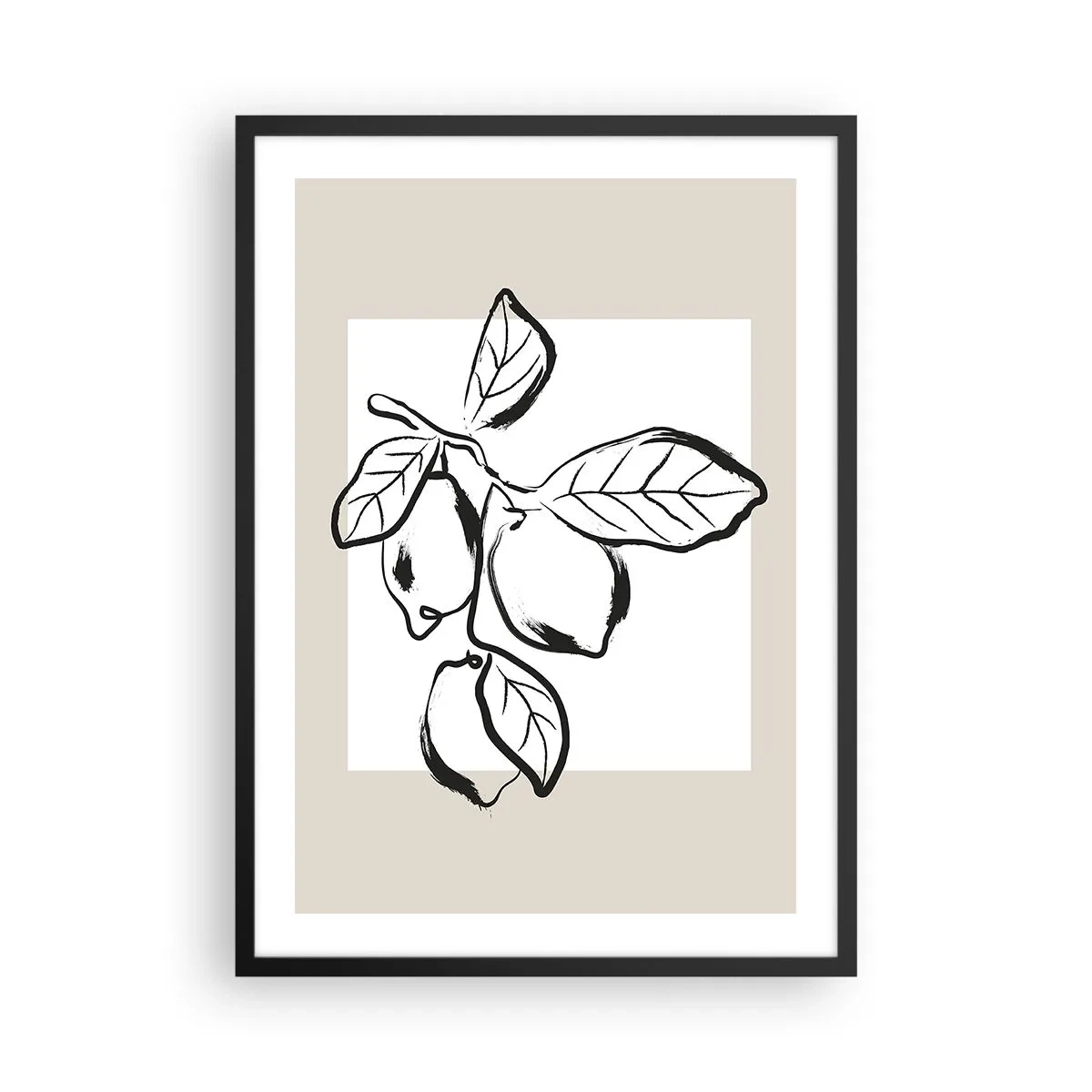 Poster in einem schwarzem Rahmen - Eine minimalistische Illustration eines Zitronenzweigs im Schwarz-Weiß-Stil. - 50x70cm - Dort, wo Zitronen reifen… - Moderne Wanddekoration für Wohnzimmer und Schlafzimmer ARTTOR