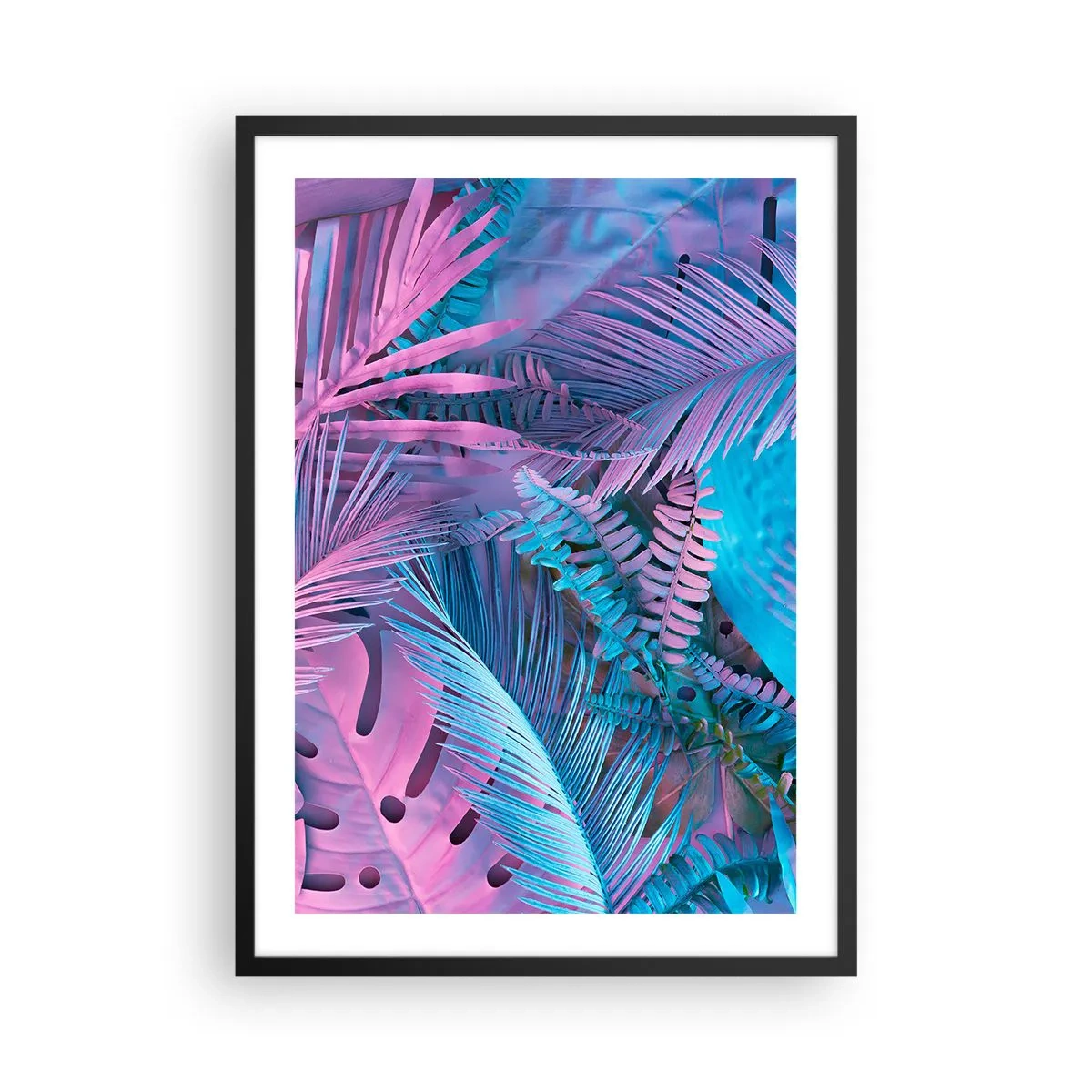 Poster in einem schwarzem Rahmen - Bunte tropische Blätter in Neon-Pink- und Blautönen - 50x70cm - Tropen in Rosa und Blau - Moderne Wanddekoration für Wohnzimmer und Schlafzimmer ARTTOR