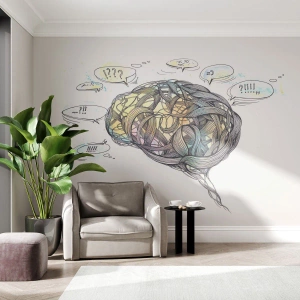 Fototapete Premium Sand - Künstlerische Darstellung eines Gehirns mit Gedankenblasen - 100x70cm - Mann - ein großes Geheimnis - Moderne Wanddekoration für Wohnzimmer und Schlafzimmer ARTTOR