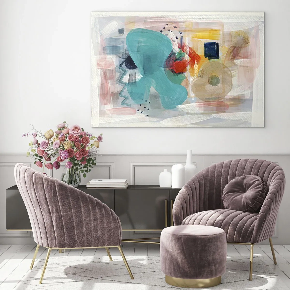 Glasbild - Bild auf glas - Eine farbenfrohe Abstraktion mit Spritzern in Türkis, Rot und Beige. - 100x70cm - Buntes Spiel - Moderne Wanddekoration für Wohnzimmer und Schlafzimmer ARTTOR