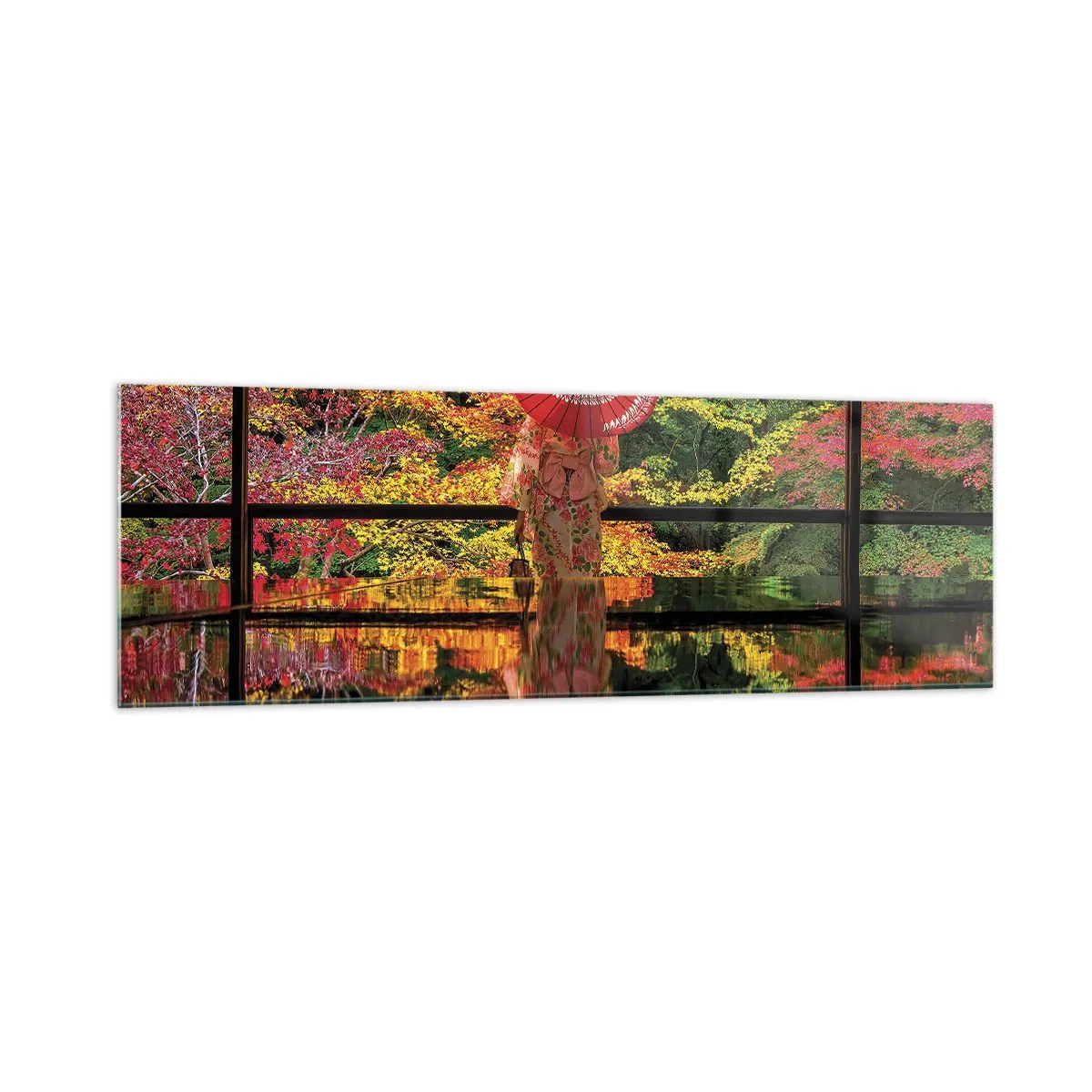 Glasbild - Bild auf glas - Eine Frau im Kimono mit Regenschirm vor dem Hintergrund einer Herbstlandschaft. - 160x50cm - Im Tempel der Natur - Moderne Wanddekoration für Wohnzimmer und Schlafzimmer ARTTOR