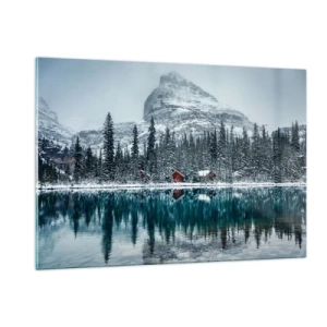 Glasbild - Bild auf glas - Winterlandschaft mit Bergen, Wald und Seehäuschen - 120x80cm - Kanadischer Rückzug - Moderne Wanddekoration für Wohnzimmer und Schlafzimmer ARTTOR