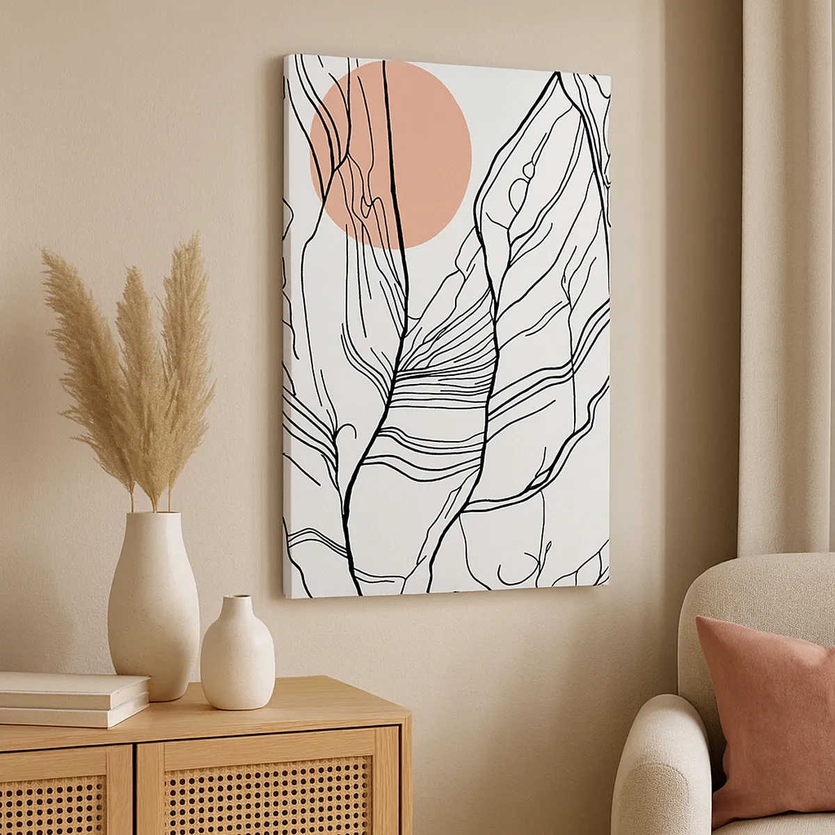 Bild auf Leinwand - Leinwandbild - Minimalistische Linien mit geometrischem Akzent - 50x70cm - In einem Netz aus Zweigen - Moderne Wanddekoration für Wohnzimmer und Schlafzimmer ARTTOR