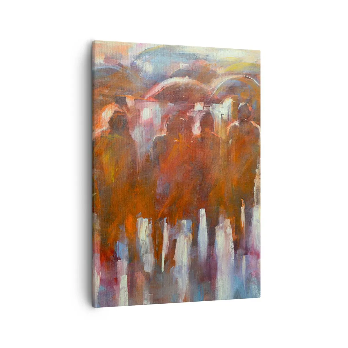 Bild auf Leinwand - Leinwandbild - Eine Menschenmenge mit Regenschirmen in einer regnerischen, künstlerischen Umgebung - 50x70cm - Auch bei Regen und Nebel - Moderne Wanddekoration für Wohnzimmer und Schlafzimmer ARTTOR