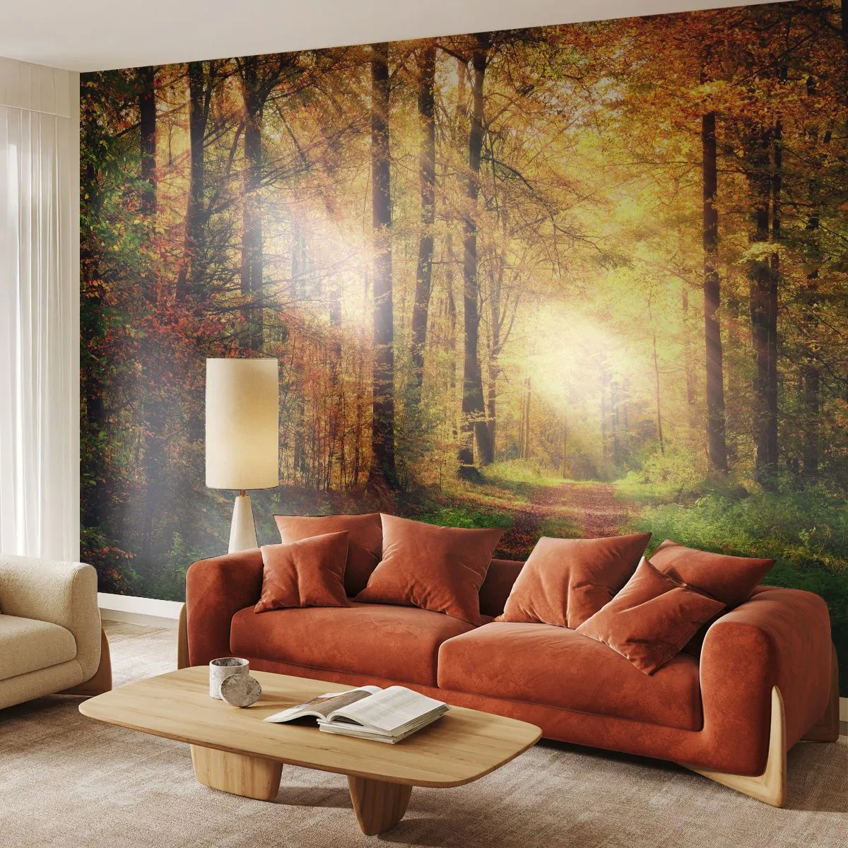 Fototapete Premium Sand - Waldgoldene Stille - Landschaft, Wald, Forststraße - 100x70 cm