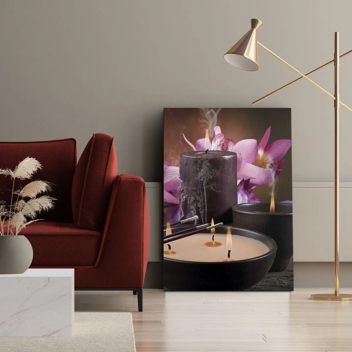 Bild auf Leinwand - Leinwandbild - Buddha-Figur mit brennenden Kerzen und Räucherstäbchen - 50x70cm - Den Geist frei machen, den Körper beruhigen - Moderne Wanddekoration für Wohnzimmer und Schlafzimmer ARTTOR