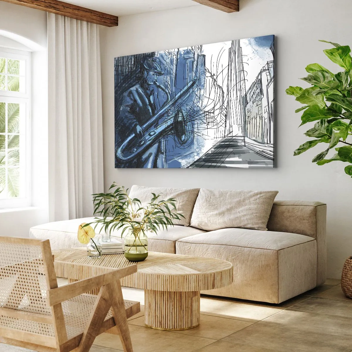Bild auf Leinwand - Leinwandbild - Eine Saxophon spielende Figur vor dem Hintergrund einer Stadt - 100x70cm - Urbane Rhapsodie - Moderne Wanddekoration für Wohnzimmer und Schlafzimmer ARTTOR