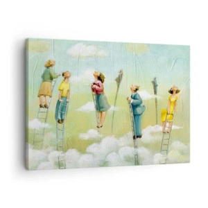 Bild auf Leinwand - Leinwandbild - Figuren, die auf pastellfarbenem Hintergrund zwischen Wolken Leitern hochklettern. - 70x50cm - Hinter deinem Traum - Moderne Wanddekoration für Wohnzimmer und Schlafzimmer ARTTOR