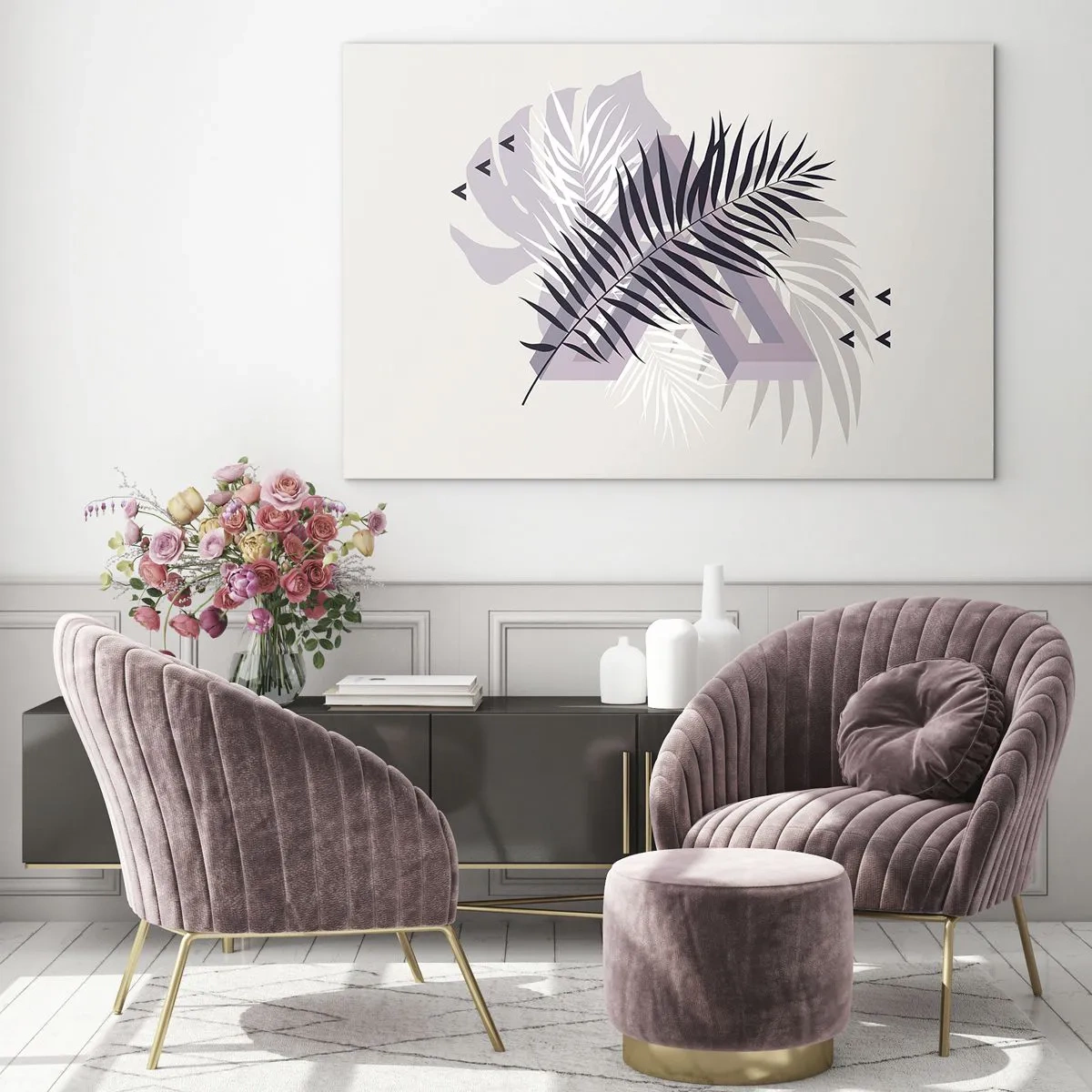 Glasbild - Bild auf glas - Eine minimalistische Komposition mit Palmblättern und geometrischen Formen. - 70x50cm - Der Schatten des Schattens - Moderne Wanddekoration für Wohnzimmer und Schlafzimmer ARTTOR